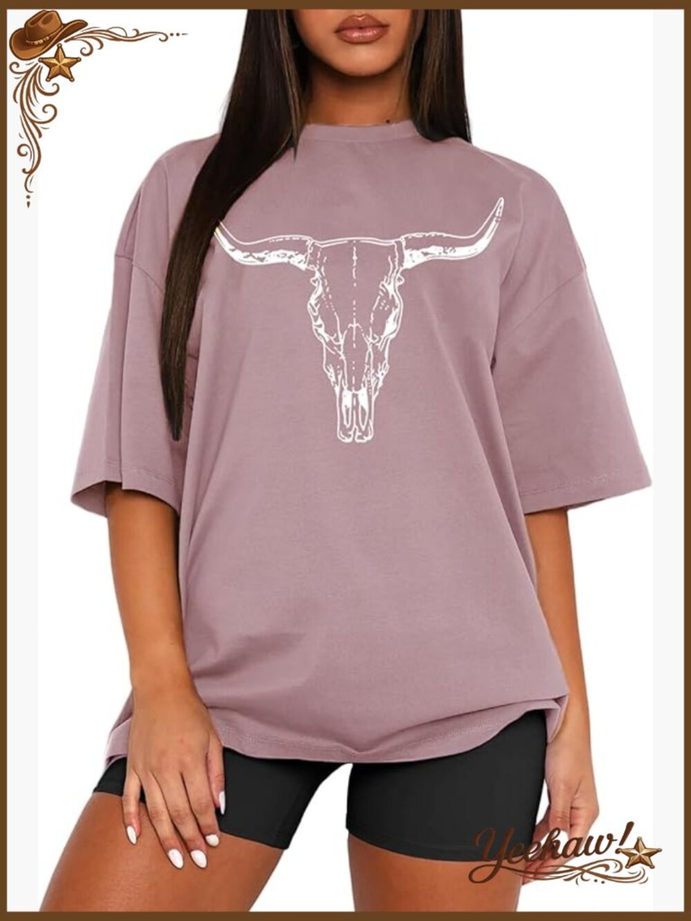 Vintage Cow Skull Graphic Tee, Loose Fit Cotton Blend, Short Sleeve Crewneck